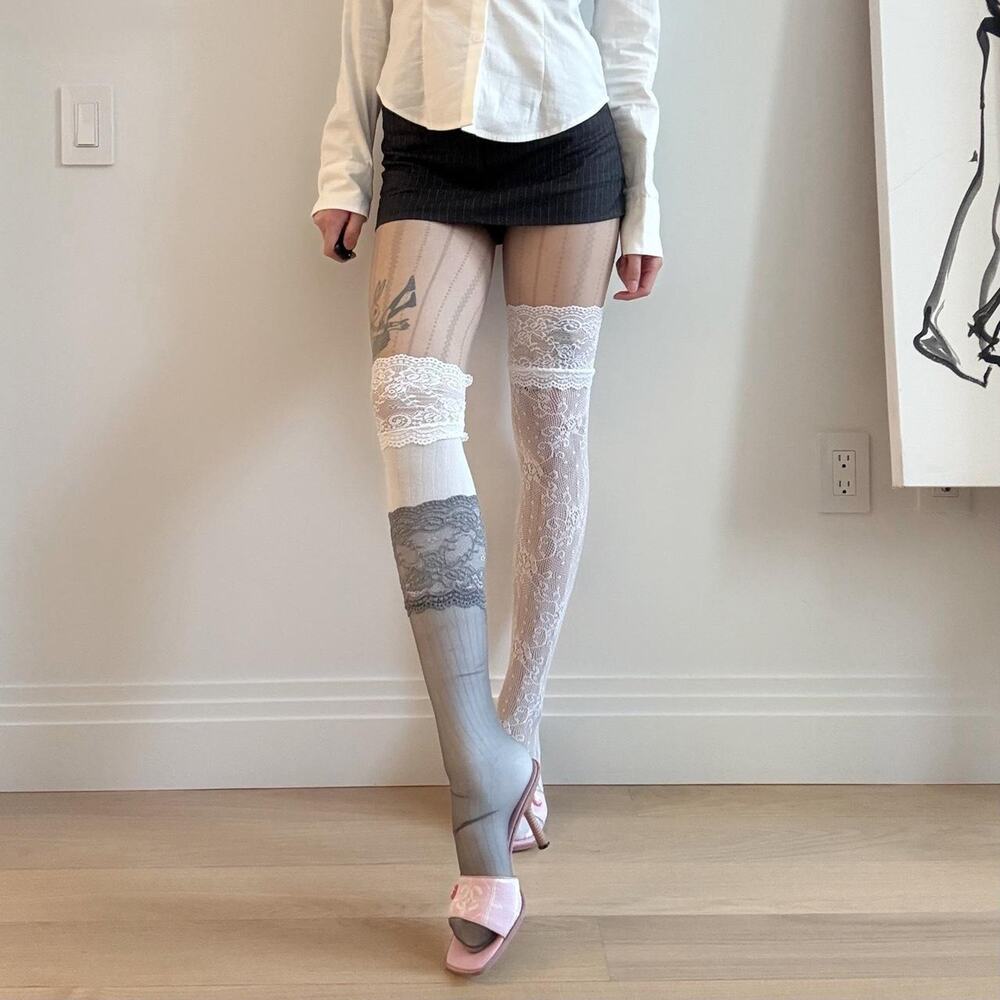 Sheer striped lace pattern tights